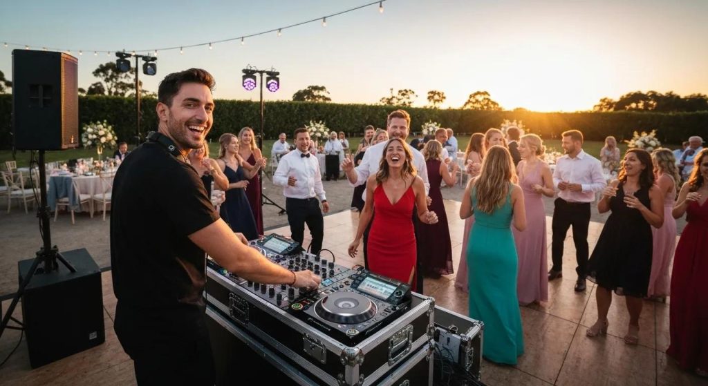 Professional DJ energising a wedding reception on the Central Coast, showcasing a vibrant atmosphere and engaged guests