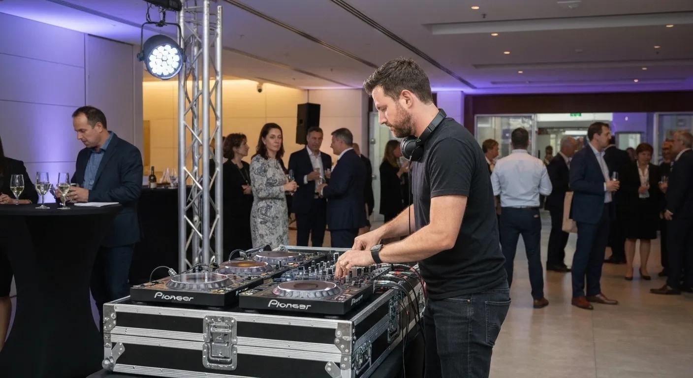 Professional DJ setting up sophisticated sound equipment at a Sydney corporate event, guests mingling