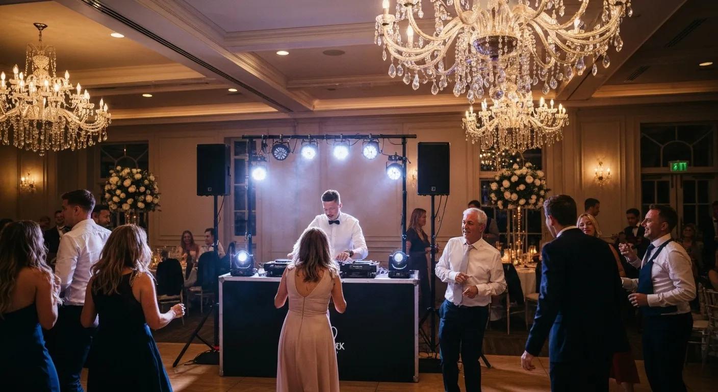 DJ at a wedding reception in Penrith with guests dancing and elegant decor