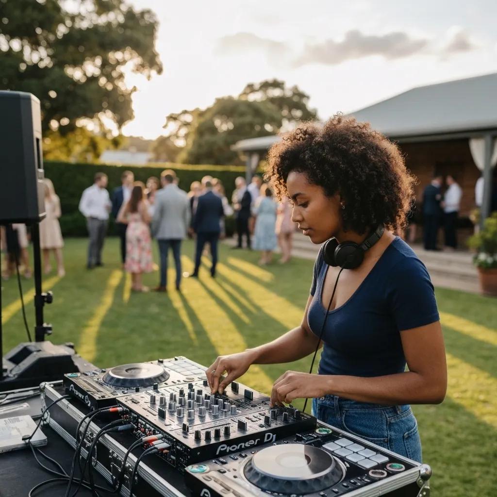 Wedding DJ setting up audio equipment at an outdoor wedding in Surry Hills