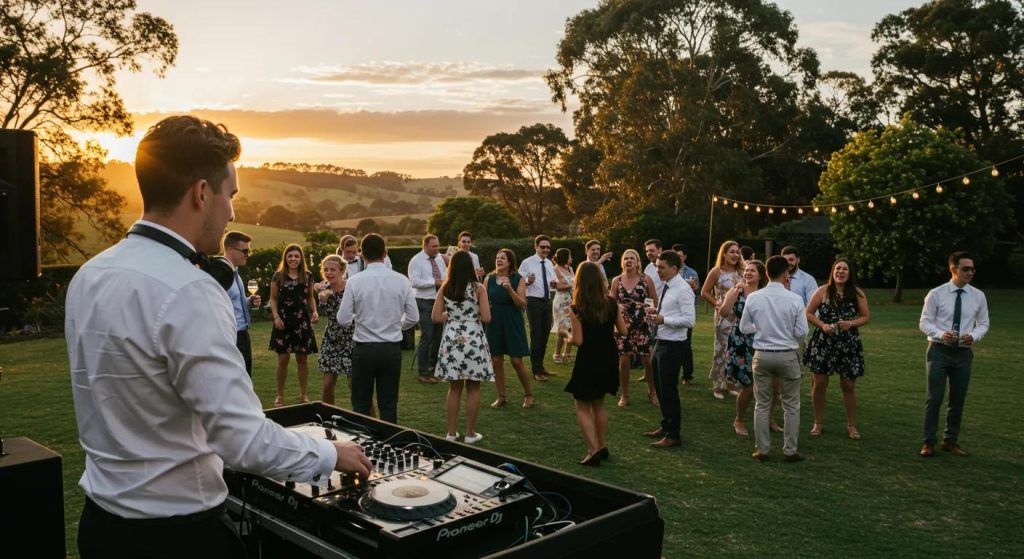 Wedding DJ performing at an outdoor wedding in Bowral with guests dancing