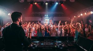 DJ performing at a wedding reception in Sydney with vibrant lights and a joyful crowd