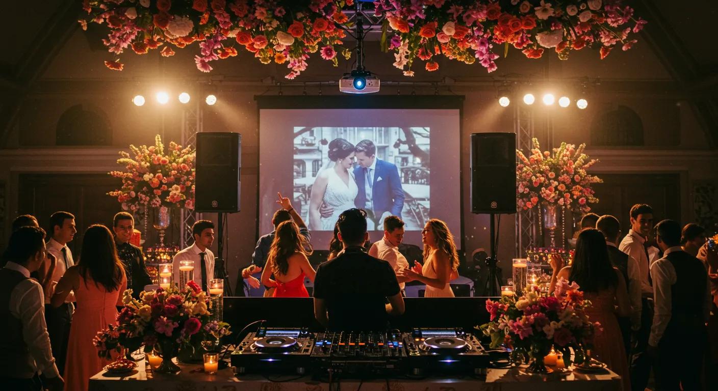 DJ at a wedding reception with guests enjoying music in a beautifully decorated venue
