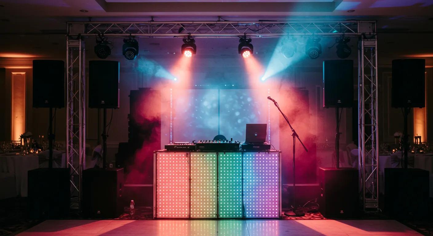DJ package setup for a wedding reception showcasing sound and lighting equipment