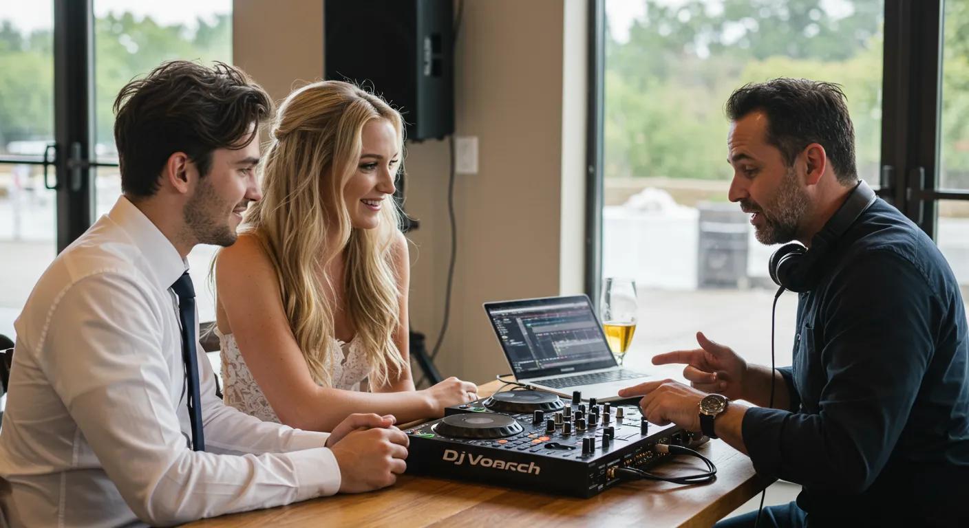 Couple consulting with a DJ about personalized wedding music and entertainment