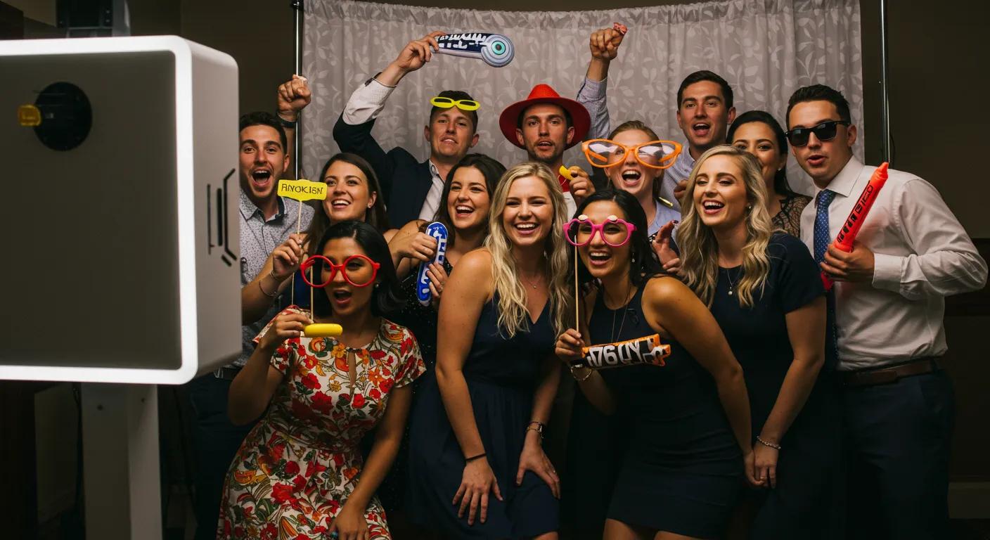Guests posing in a photobooth with props, capturing fun moments at a party