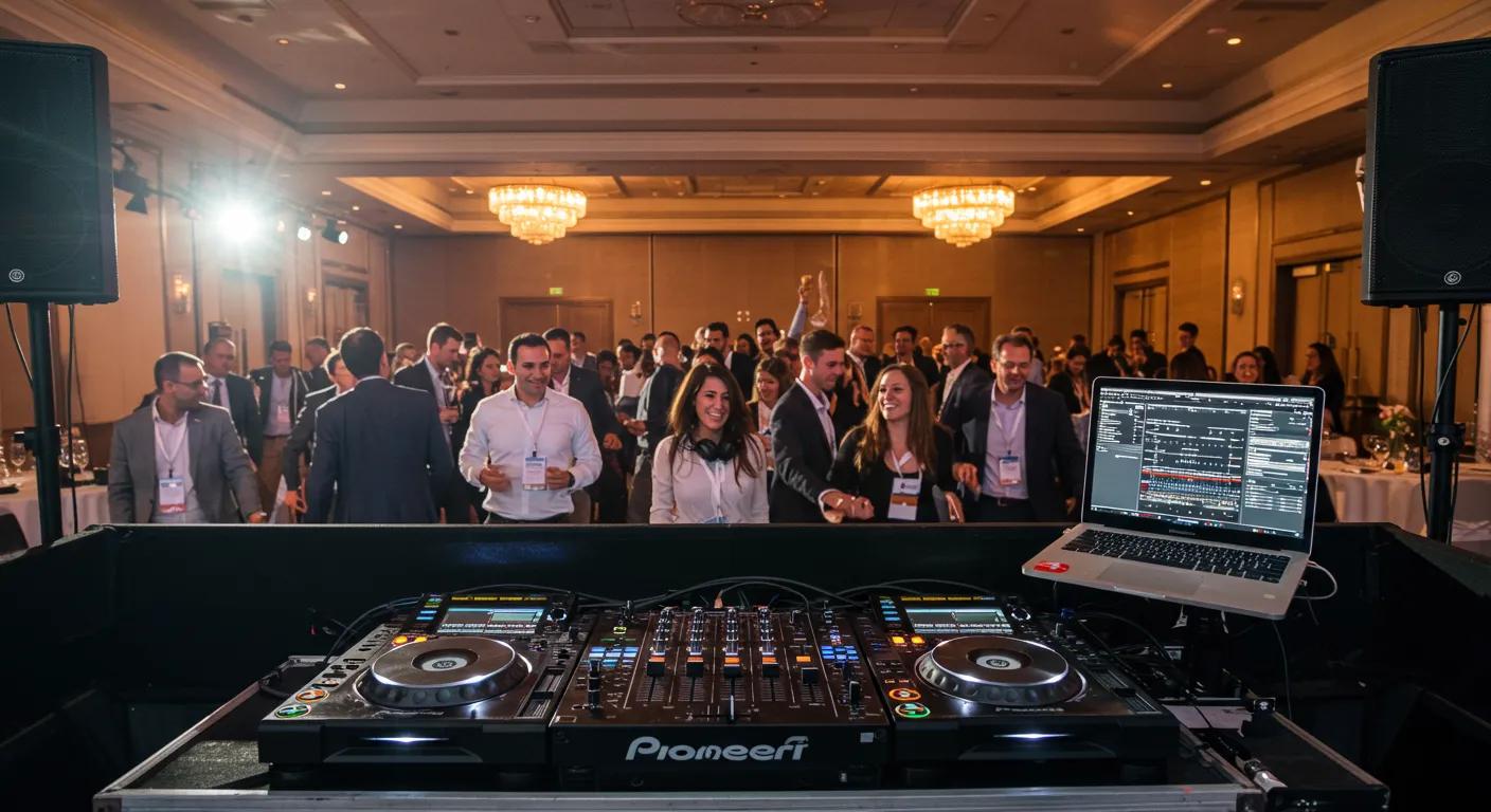Professional DJ setup at a corporate event with a well-dressed audience enjoying the music