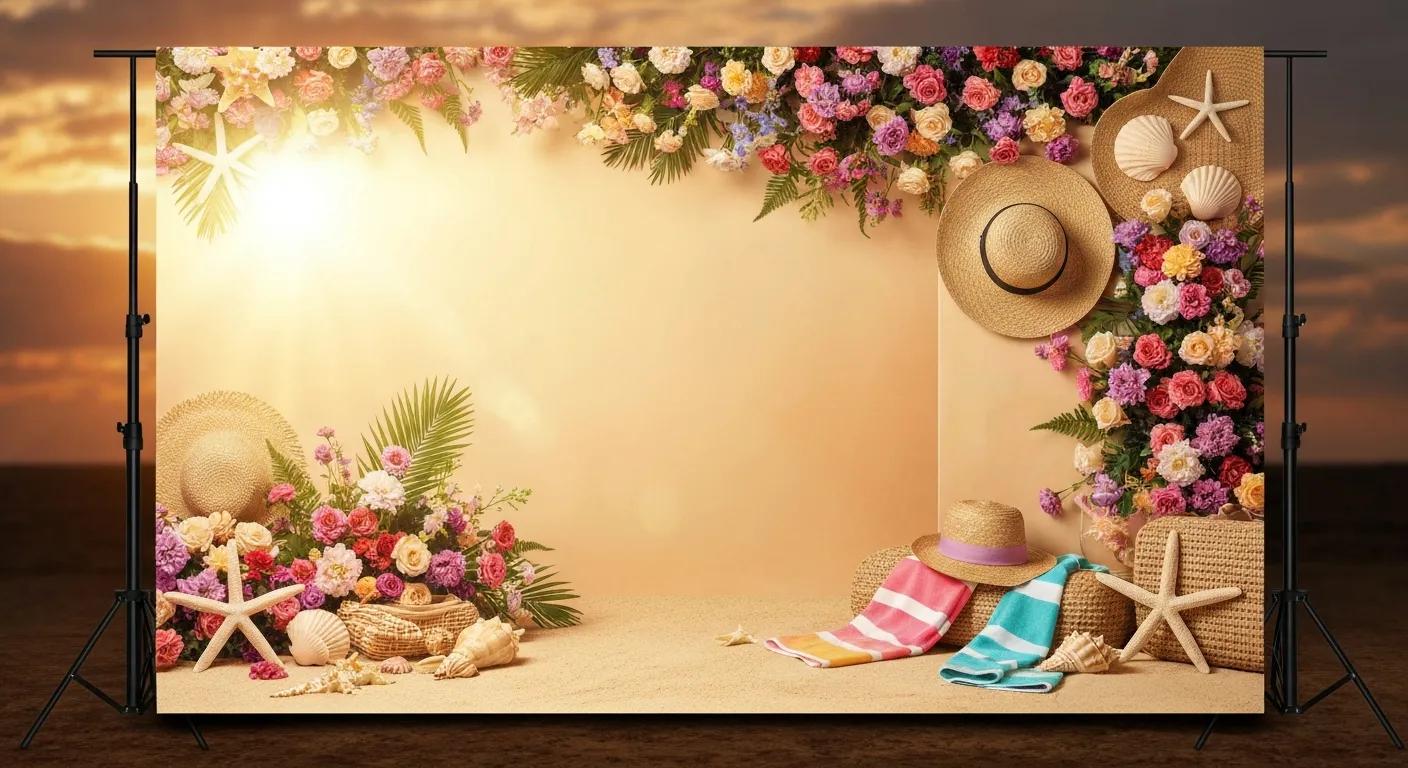Custom wedding photobooth backdrop with floral elements and beach-themed props for enhanced guest interaction