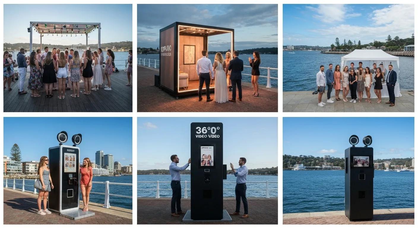Different types of photobooths available for events in Manly, showcasing open-air, enclosed, and 360 video booths