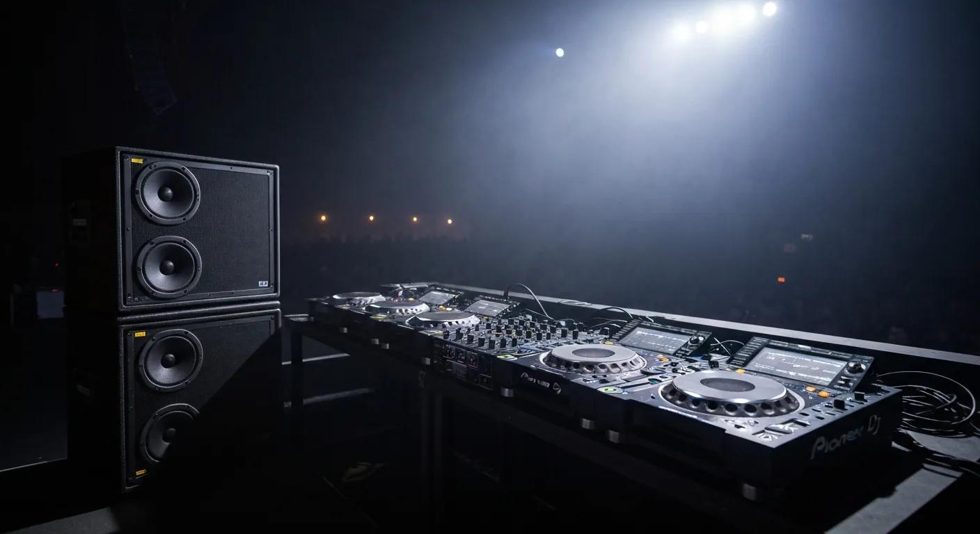 High-quality DJ equipment including mixing decks and PA speakers set up for an event