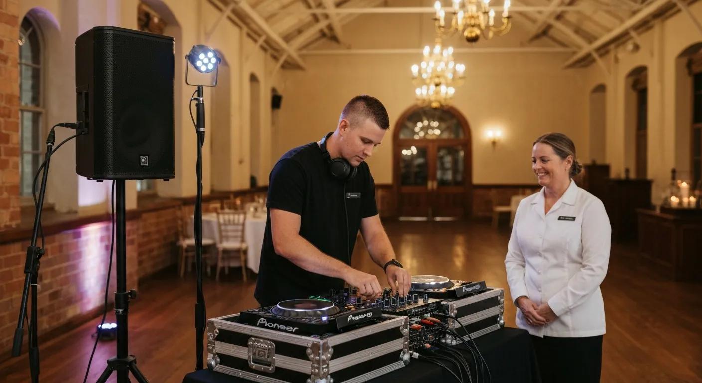 DJ integrating equipment at a historic wedding venue in Bowral, highlighting coordination with venue staff