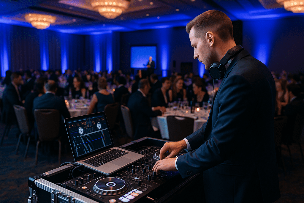 DJ performing at a corporate event in Goulburn, with a professional setup, engaged audience, and ambient blue lighting enhancing the atmosphere.