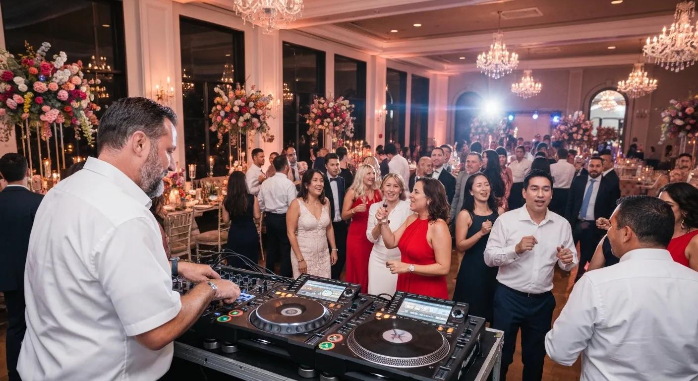 Professional DJ at a wedding reception with guests dancing and a beautifully decorated venue