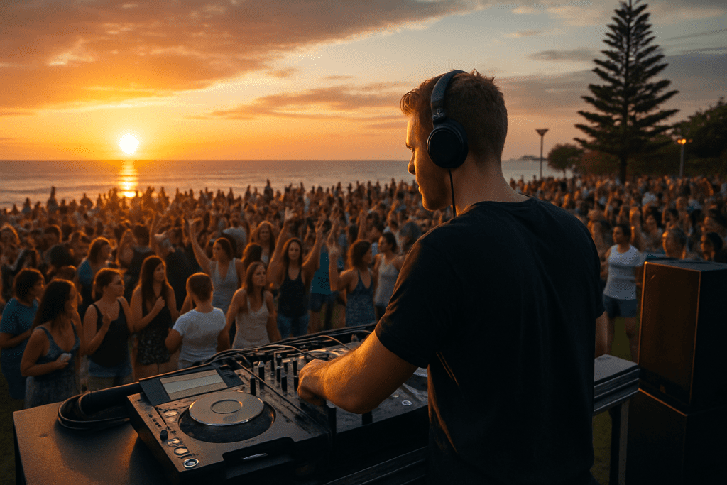 DJ performing at sunset with a large crowd enjoying music on the beach, highlighting vibrant atmosphere for events like weddings and celebrations on the Central Coast.