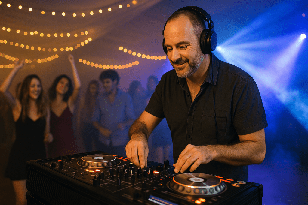 DJ performing at a lively event with guests dancing in the background, illuminated by string lights and atmospheric lighting, showcasing professional DJ services for weddings and parties in Kiama.