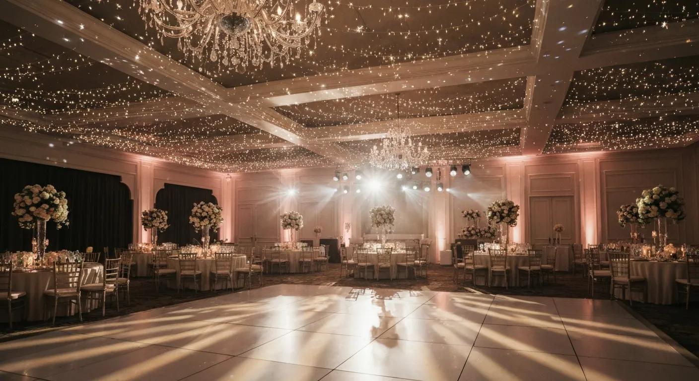 Elegant wedding venue with ambient lighting and special effects