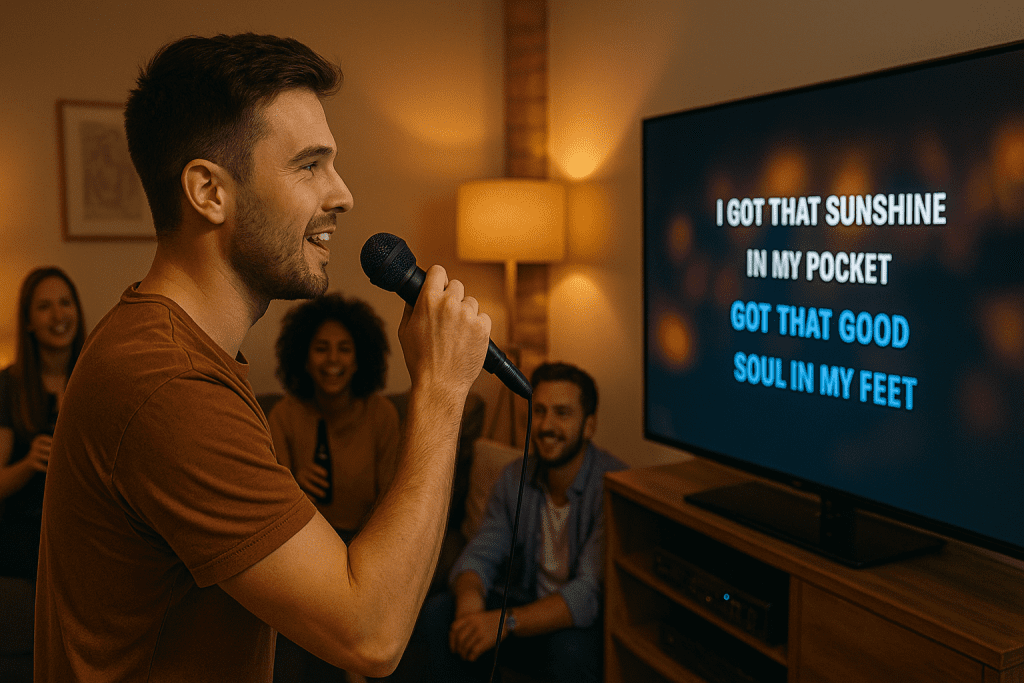 Man singing into a microphone with friends in the background, karaoke lyrics displayed on a screen, highlighting interactive entertainment for events in Chatswood.