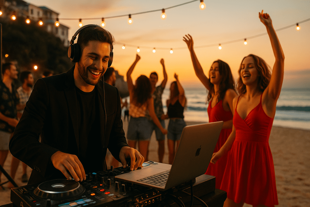 Party DJ in Bondi mixing music at a beachfront celebration, surrounded by guests dancing and enjoying the sunset atmosphere.