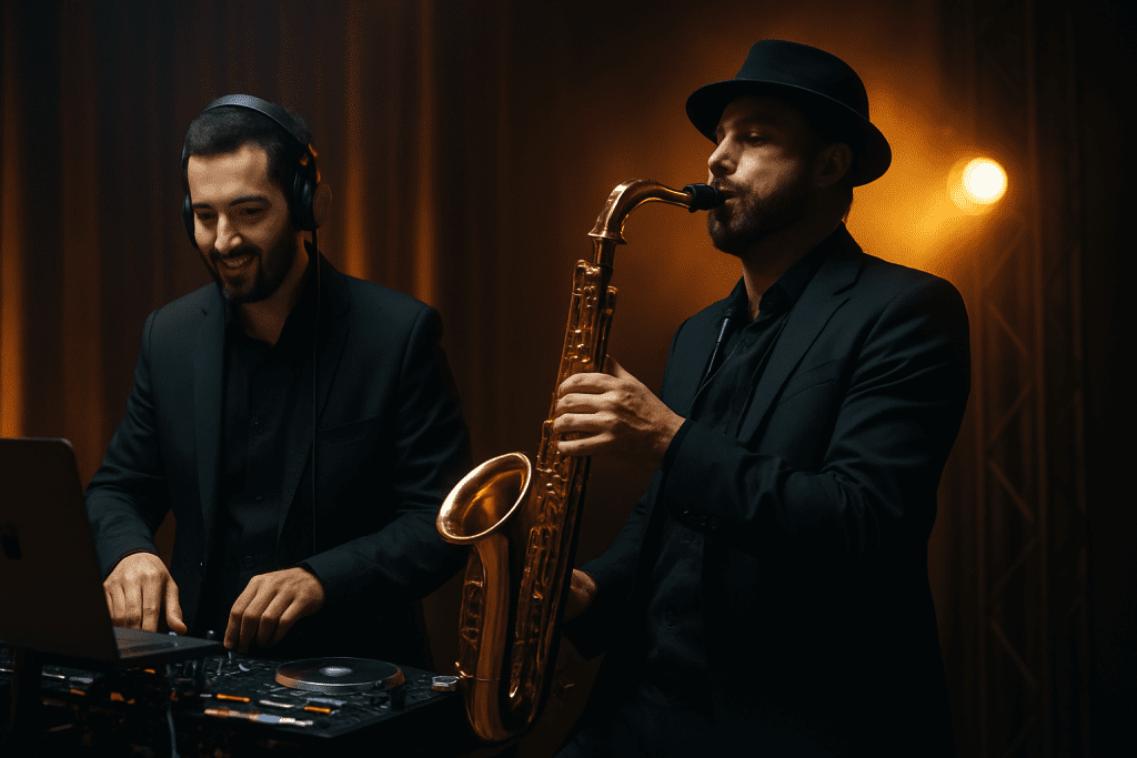 Saxophonist performing live alongside DJ at an event, creating an energetic atmosphere in Chatswood.