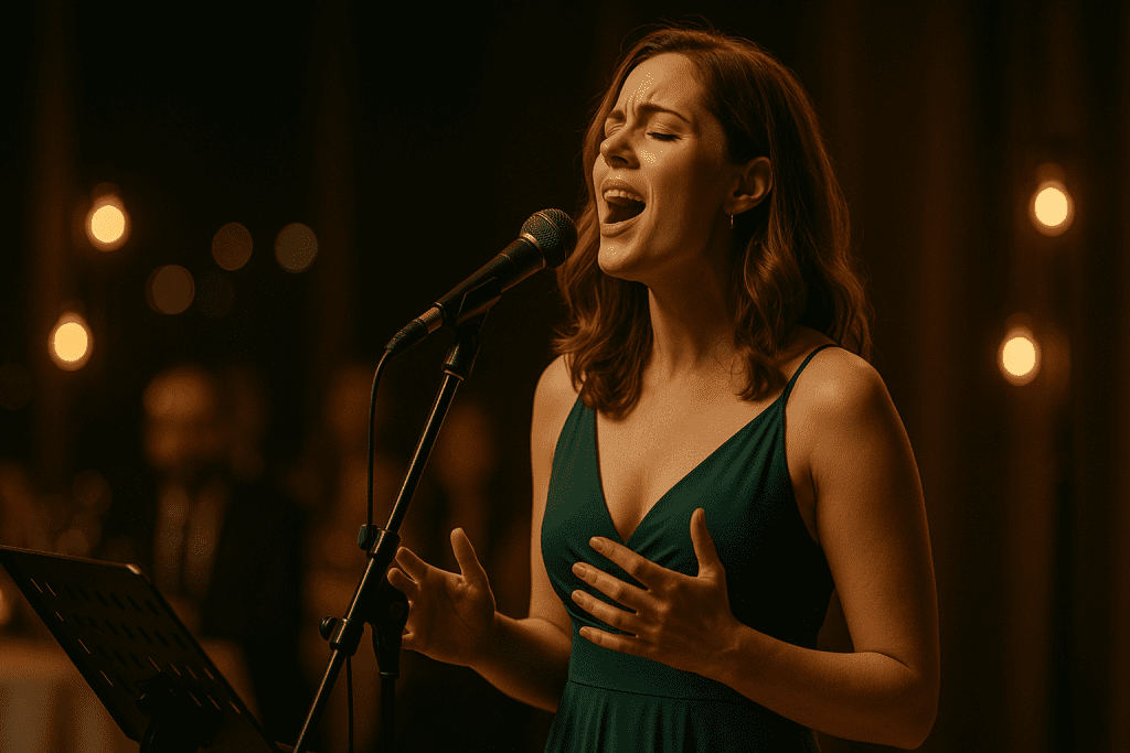 Female singer performing passionately at a microphone, dressed in a green dress, with a warm, atmospheric backdrop suitable for live music events in Goulburn.