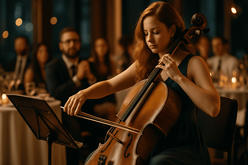 Young female cellist performing at an elegant event, audience in formal attire enjoying live music, creating a sophisticated atmosphere for celebrations in Parramatta.