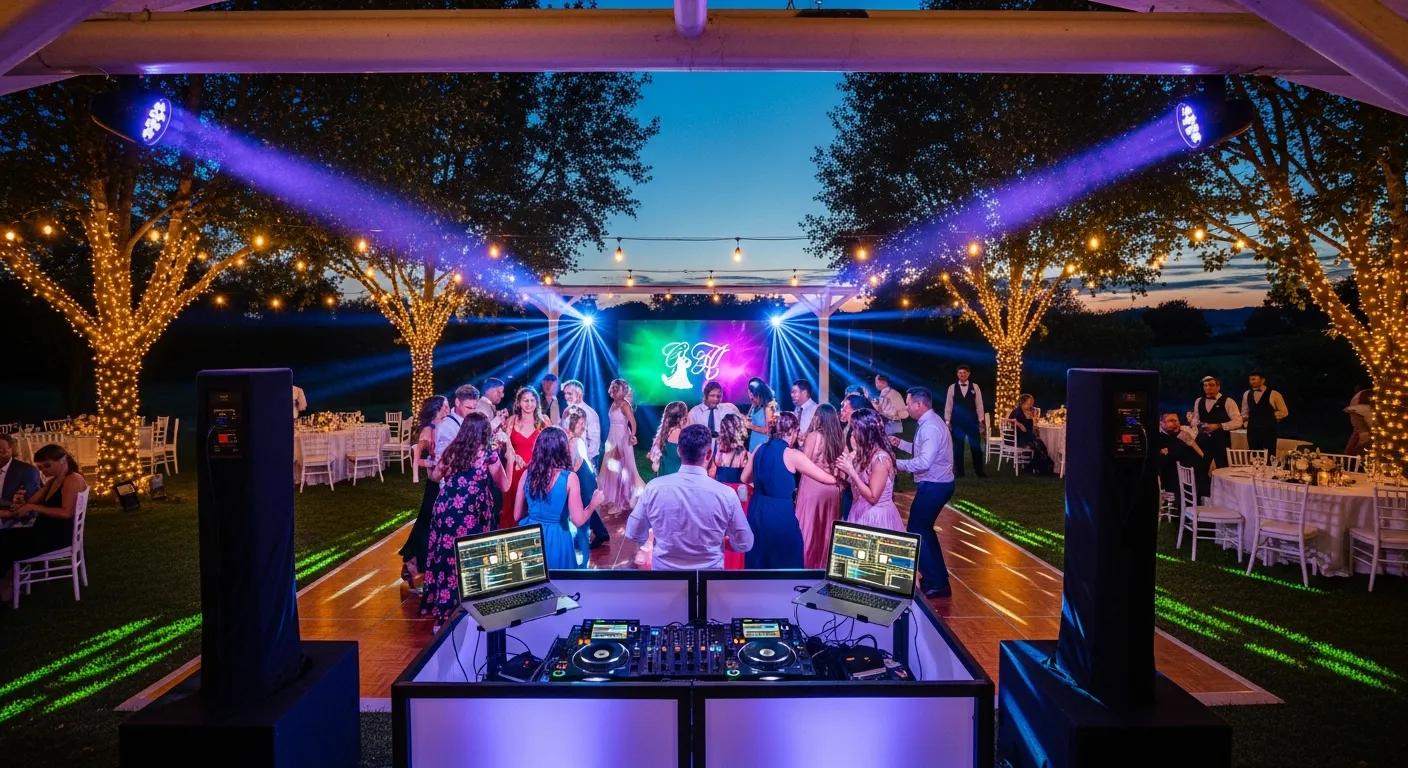 Wedding reception scene with dancing guests, illuminated by string lights and DJ setup featuring turntables and laptops, vibrant backdrop displaying initials, outdoor setting in Bondi, enhancing wedding entertainment atmosphere.