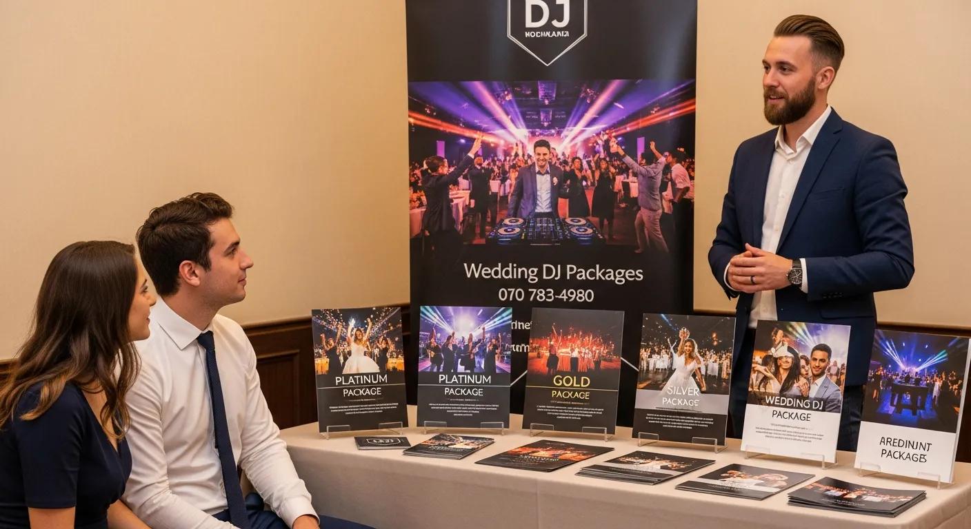Display of wedding DJ packages with brochures and a DJ explaining options to a couple