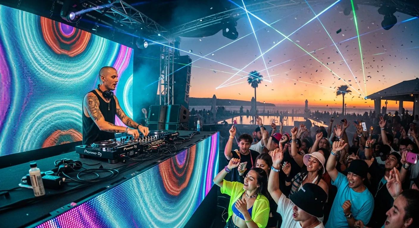 Energetic EDM party in Bondi with DJ and lively crowd dancing