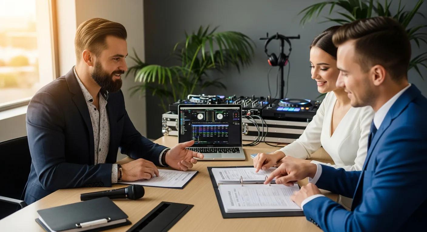 Wedding DJ consulting with a couple about music preferences and event details