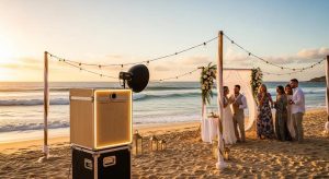 A dramatic wide-screen beachside event scene in Manly at sunset, featuring a stylish modern photobooth setup with soft LED lighting. Guests posing playfully, ocean backdrop with golden reflections, elegant outdoor décor, warm coastal tones, realistic depth and cinematic detail capturing the lively and relaxed atmosphere of a Manly celebration.