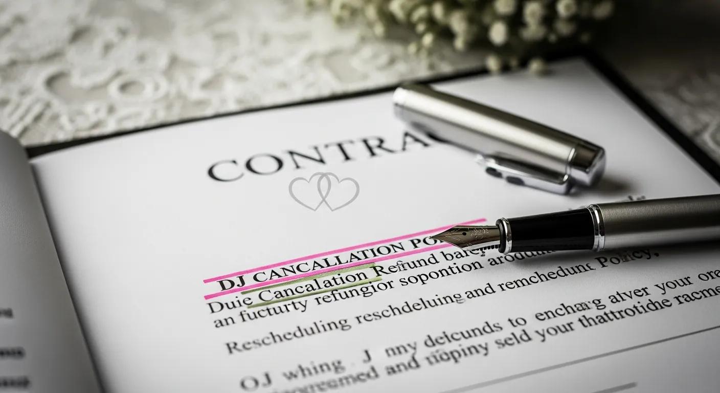 Close-up of a wedding contract and pen symbolizing DJ cancellation policy