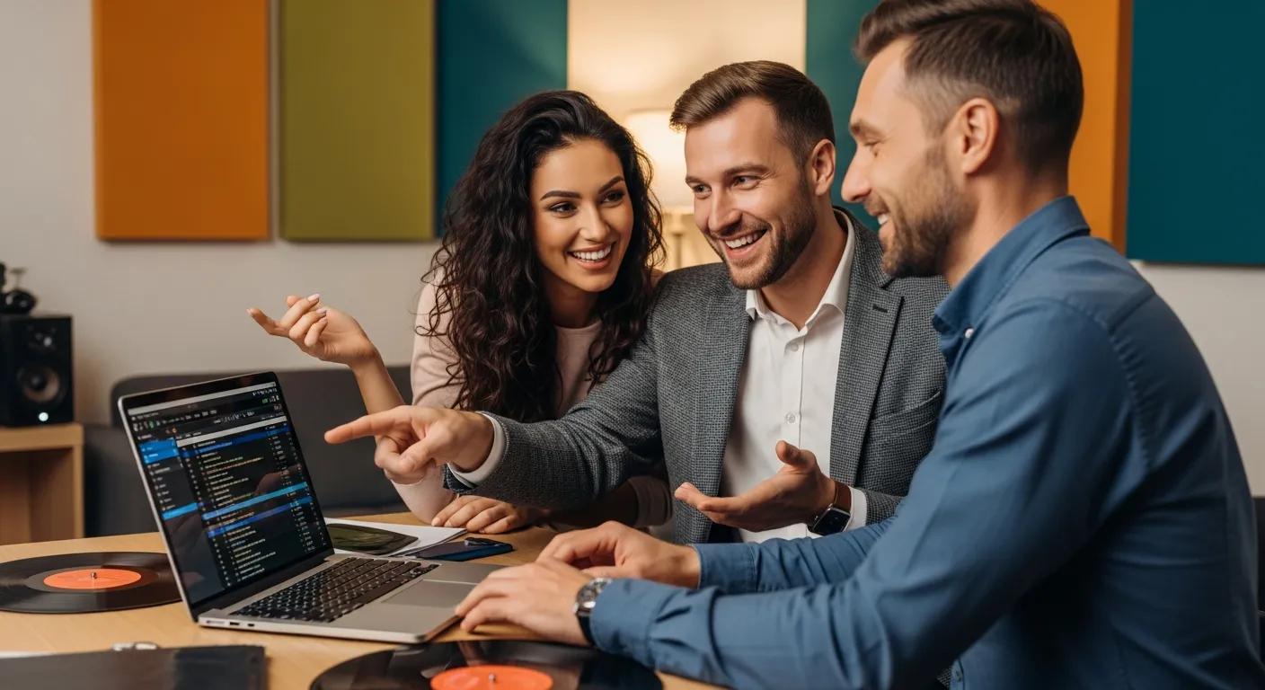 Couple consulting with DJ about personalized wedding music playlist