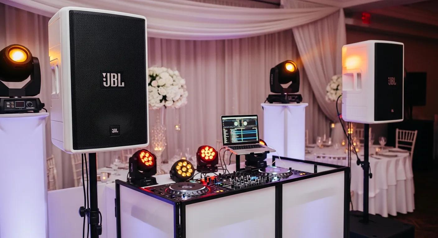 Premium JBL speakers and DJ equipment enhancing wedding audio experience