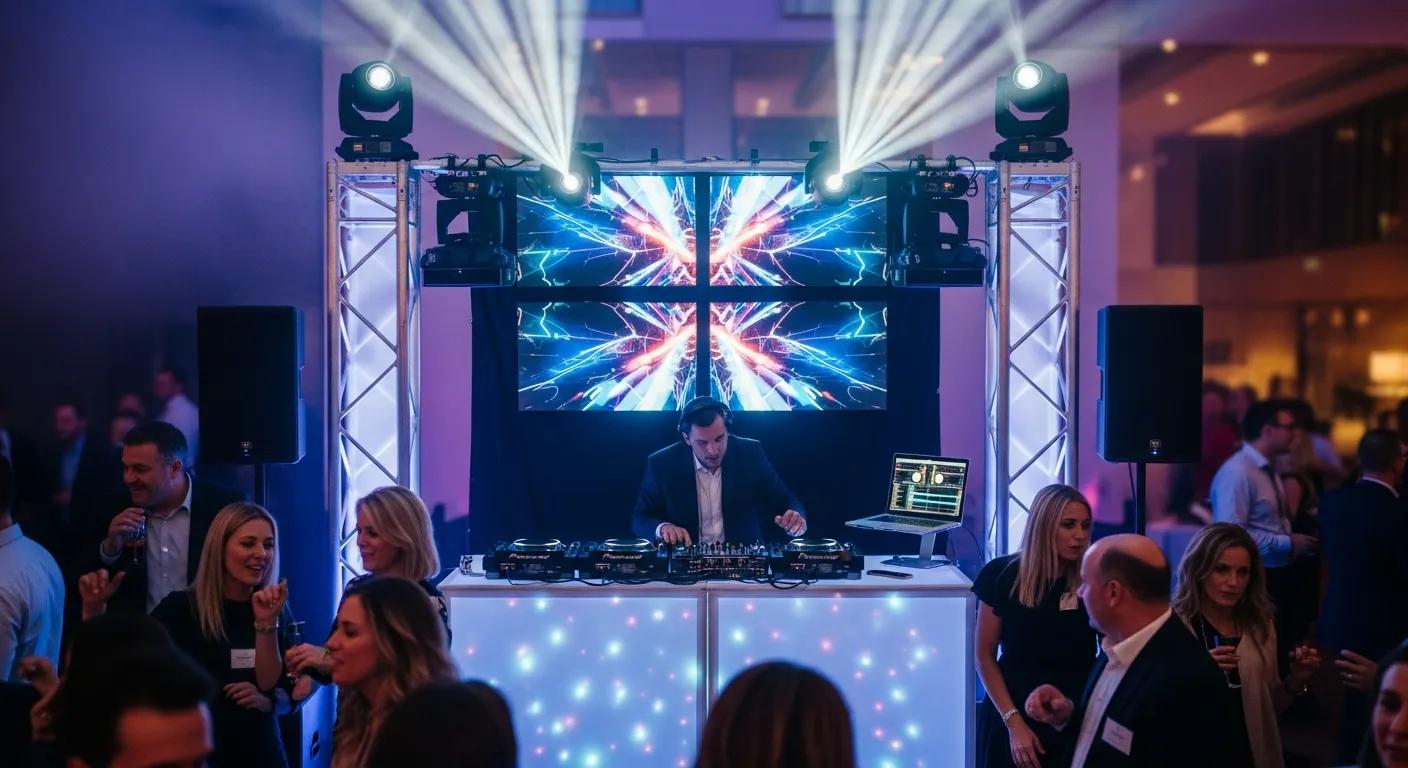 Corporate event DJ setup with audio-visual equipment and engaged attendees