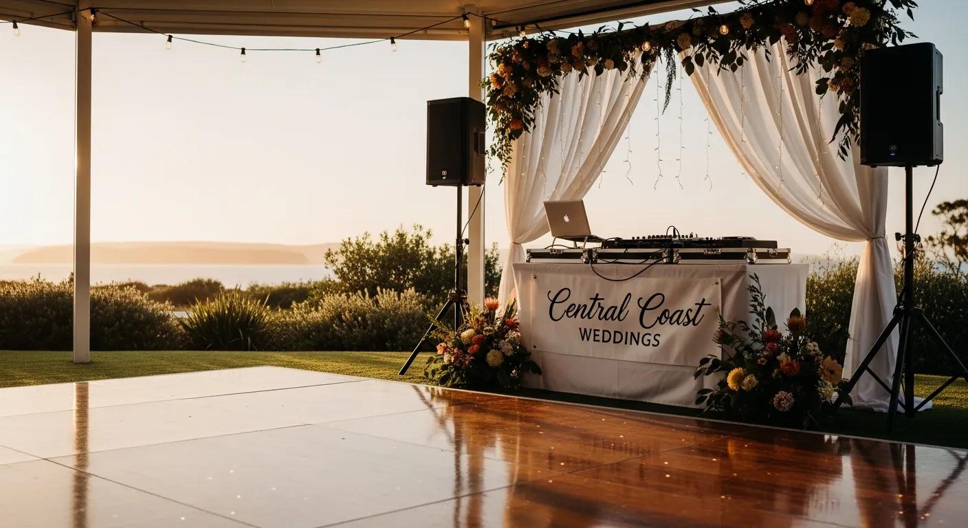Wedding DJ booth setup with decorations and dance floor for Central Coast weddings