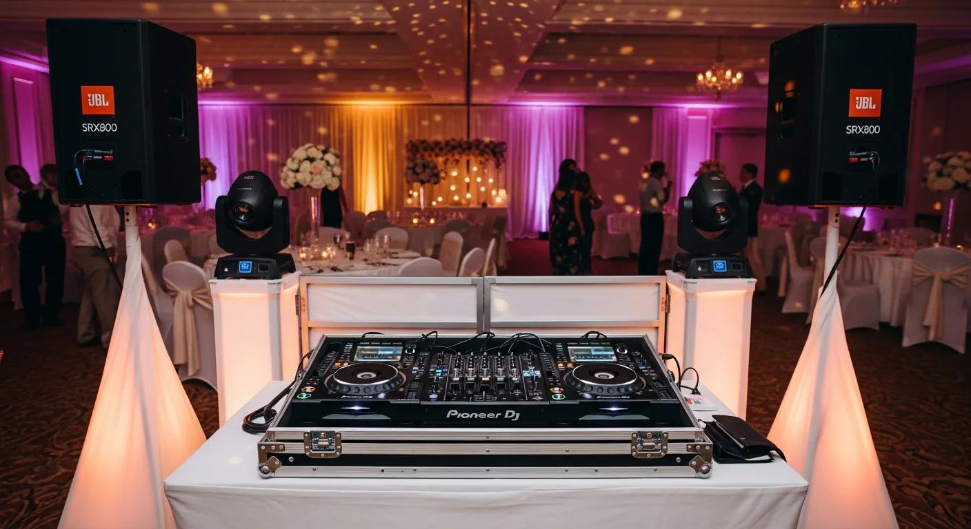 High-quality DJ equipment including Pioneer decks and JBL speakers set up for a wedding, emphasizing professional standards