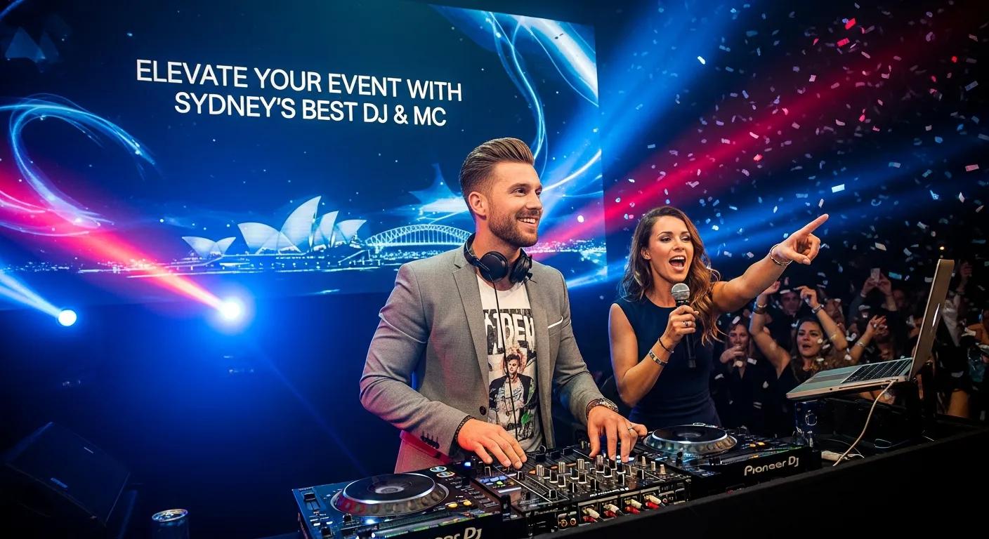 DJ and MC performing at a vibrant event in Sydney, featuring confetti and dynamic lighting, with the Sydney Opera House in the background, promoting premium DJ services.