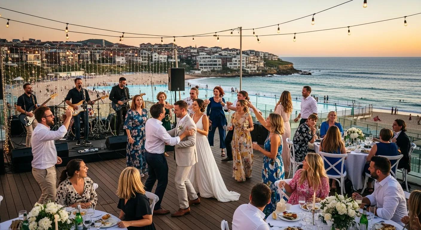 Wedding reception in Bondi with guests dancing to pop music