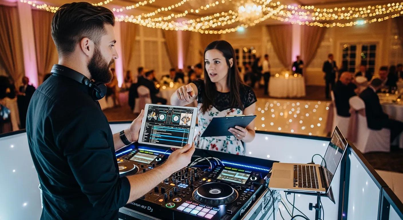 DJ preparing to take over with a tablet and team member briefing at a wedding